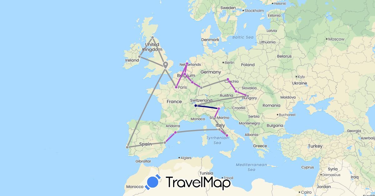 TravelMap itinerary: driving, plane, train in Austria, Belgium, Czech Republic, Spain, France, United Kingdom, Hungary, Ireland, Italy, Luxembourg, Netherlands, Portugal (Europe)